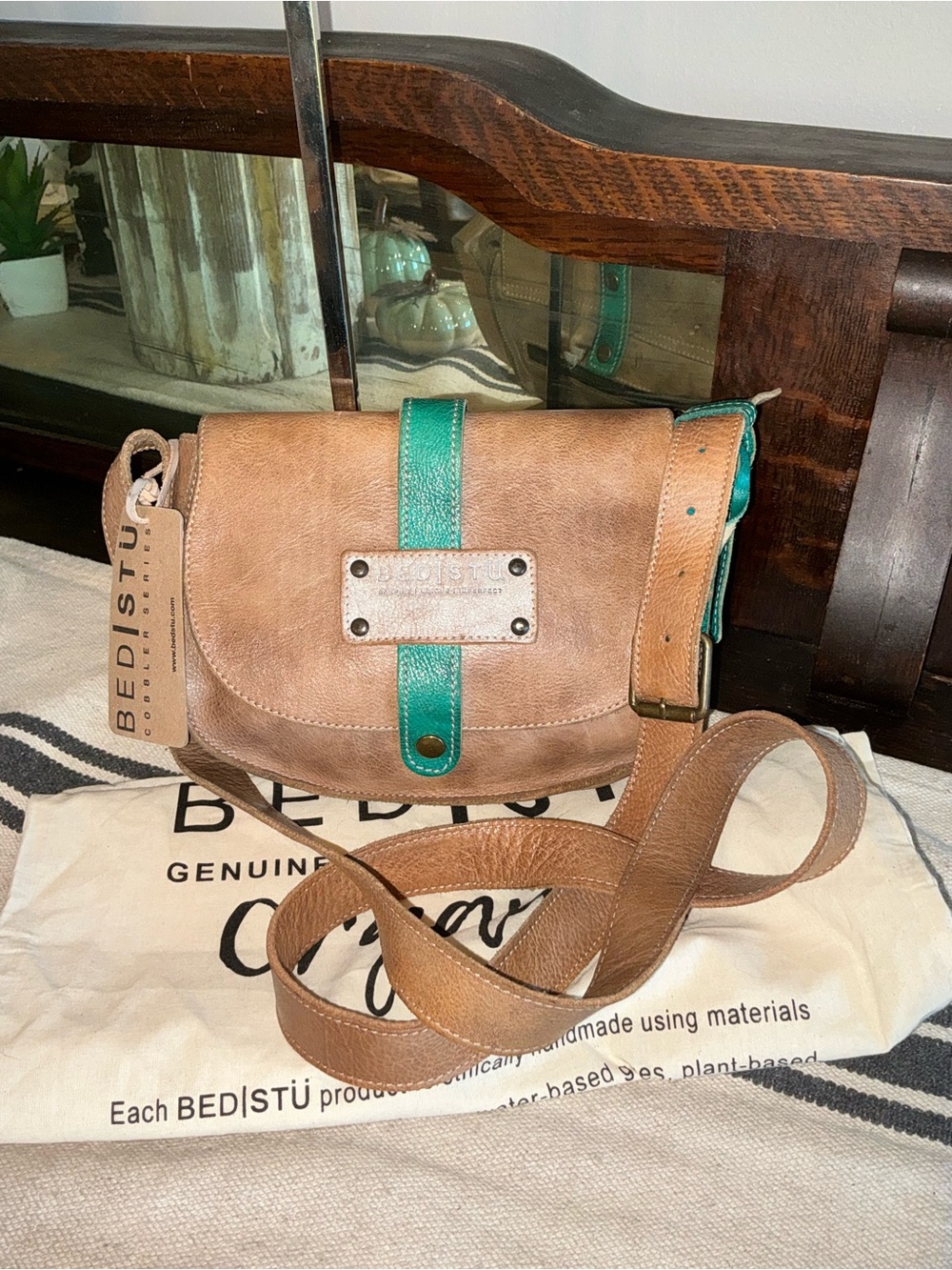 Bed Stu Shoreline Leather Crossbody Bag Gray Rustic Teal MSRP $235